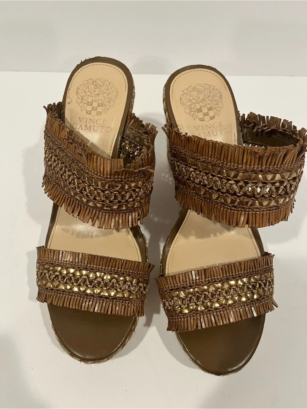 Woven Fringe Wedge Sandals in Brown